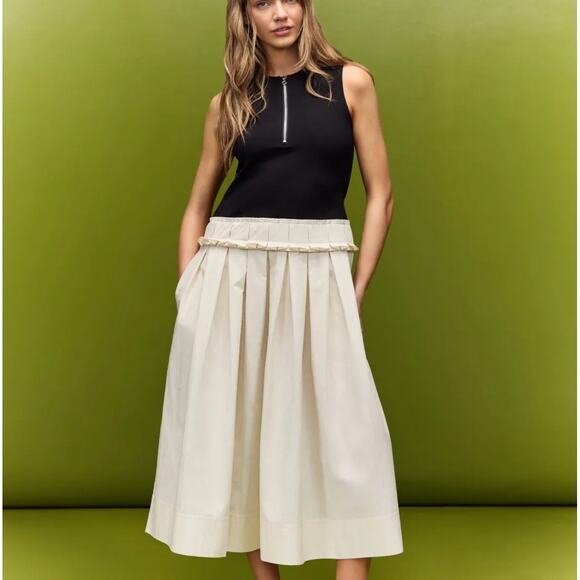 Plan C Black Cream Fit Flare Midi Dress SIZE 10 Romantic Cotton Designer $375 - Picture 1 of 10